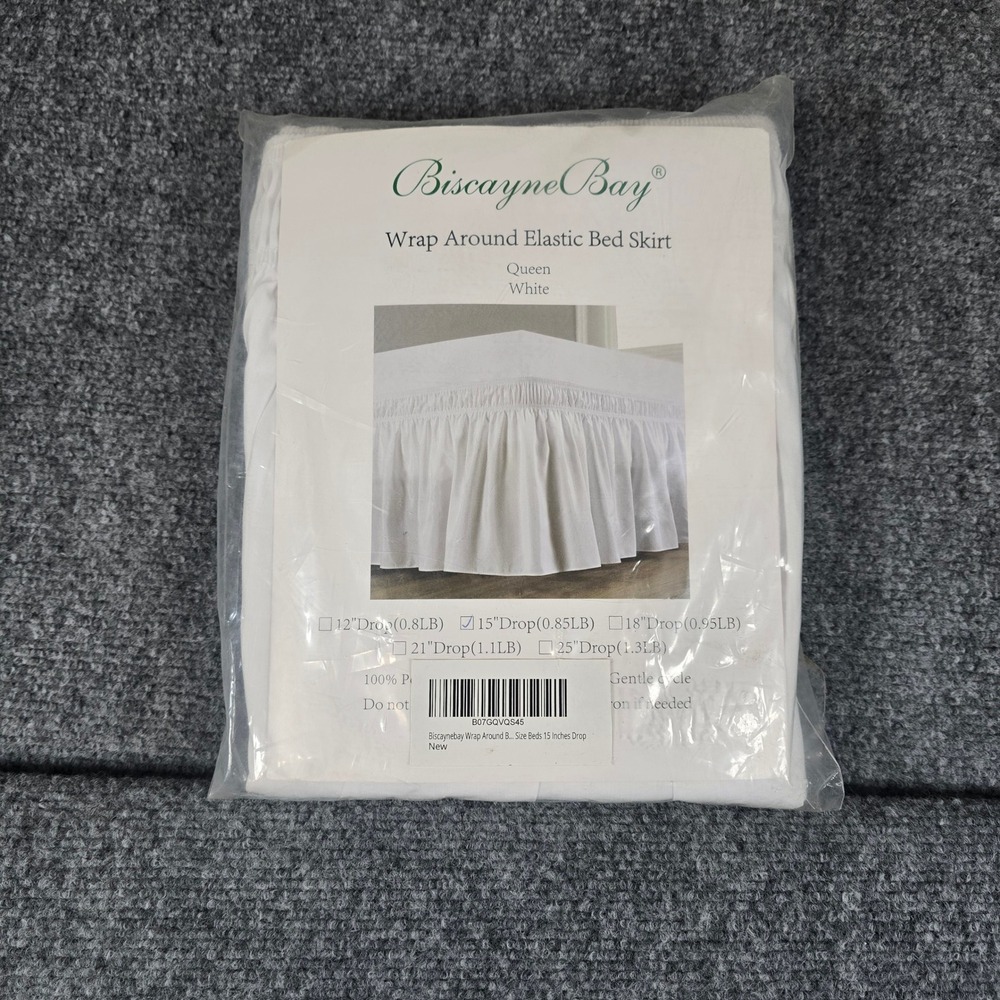 Biscayne Bay‎ Queen White Wrap Around Elastic Bed Skirt 15 Inch Drop New